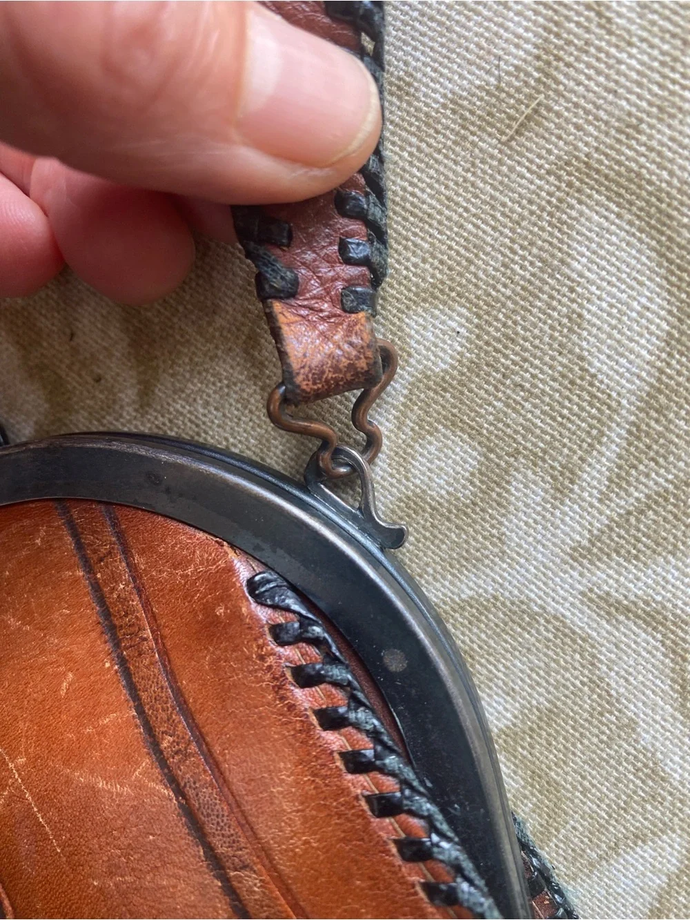 Arts & Crafts Brown Leather Handbag w/ Whipstitch Stitching  & Turnloc Clasp